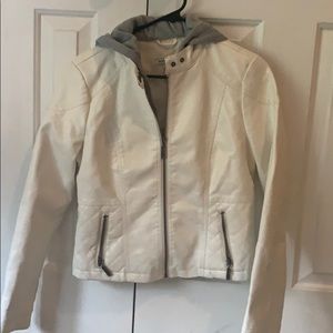 White jean jacket with gray hood